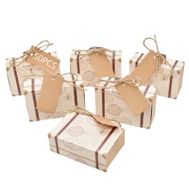 MOTRAIN 50 Pcs 3 * 1.1 * 2in Vintage Kraft Travel Theme Suitcase Favor Boxes, Mini Candy Gift Box with World Map, Tags & Burlap Twine for Weddings, Bridal Showers and Travel Party Decorations