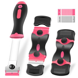 NECAMOCU 3 Pack Razor Blade Scraper, Premium Cleaning Scraper Tool with 60 PCS Metal & Plastic Razor Blades, Multi-Purpose Glass Scraper for Windows, Sticker, Decals, Cooktop, Paint Removal (Pink)
