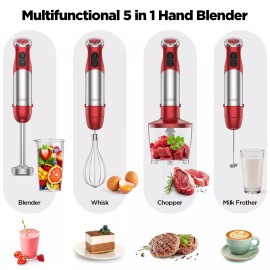 KOIOS 1000W Immersion Blender Handheld Blender Electric 5-in-1 Hand Blender Red Color