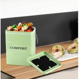 Compost Bin Kitchen Countertop Indoor Compost Pail Bucket, Great for Food Scraps, Carbon Steel, Handles, Green, 1 Gallon - Includes Charcoal Filter