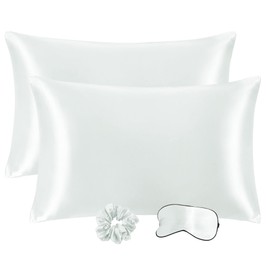 PiccoCasa Satin Pillowcases for Hair and Skin with Eye Mask and Scrunchie Soft Pillowcase 2 Pack Zipper Closure Silky Bed Pillow Covers Set for Sleeping Light Grey 50 x 65cm
