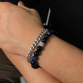 Rockyu Men's Bracelet, Stylish, Double Chain, Stainless Steel, Natural Stone, 6.7 x 2.4 inches (170 + 60 mm), Unique, Hip Hop Accessory, Gemstones