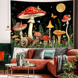Zussun Red Mushroom Tapestry Moon Star Tapestries for Bedroom Aesthetic Starry Night Green Plant Tapastrys Wall Hanging Butterfly Snail Frog Wall Tapestry for Living Room Dorm (Black, 80" x 60")