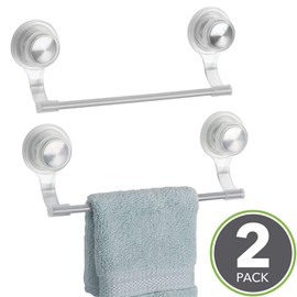 mDesign Strong Suction Wall Mount Plastic/Metal Wash Cloth Hand Towel Bar for Bathroom, Shower Stall, Bathtub - 2 Pack, Clear/Stainless Steel