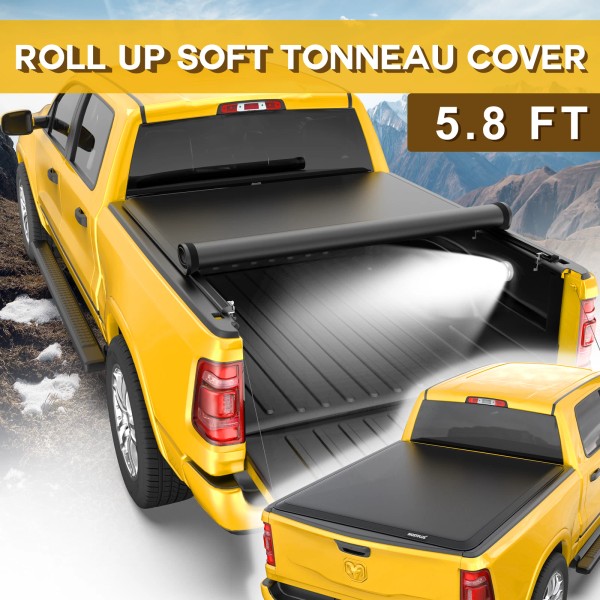 poleparts 5.7/5.8FT Soft Roll Up Tonneau Cover for 2009-24 Dodge