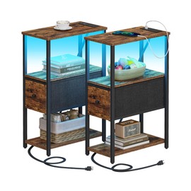 TUTOTAK Small Narrow LED End Table with Charging Station, Side Table Outlets, Nightstand with Cloth Drawer, Set of 2, Couch Table, for Living Room, Bedroom, Bedside, Brown TB01BB059