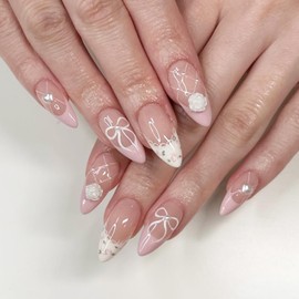 Almond Press on Nails,Medium Fake Nails with 3D Flower Design,White and Pink Nail Tip Acrylic Nails,Full Cover Glossy False Nails,Reusable Stick on Nails for Women Girls 24Pcs