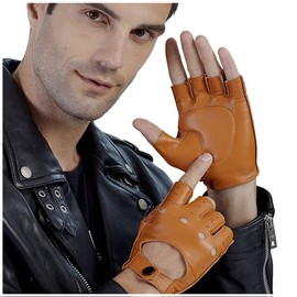 GSG Half-Finger Driving Gloves, Fingerless Leather Gloves for Men, Motorcycle Gloves, Fingerless Rock Driving Gloves for Men, Thick Padding, Recommended Present for Gentlemen, cognac