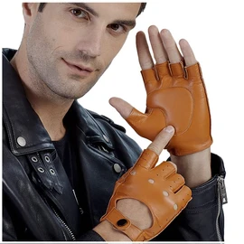 GSG Half-Finger Driving Gloves, Fingerless Leather Gloves for Men, Motorcycle Gloves, Fingerless Rock Driving Gloves for Men, Thick Padding, Recommended Present for Gentlemen, cognac