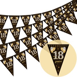 18th Birthday Bunting, Happy Banner Pennant Flags, 40 Pieces Triangle Gold Black Glitter Diamond by Numbers 18th Birthday Anniversary Theme Party Decoration Supplies