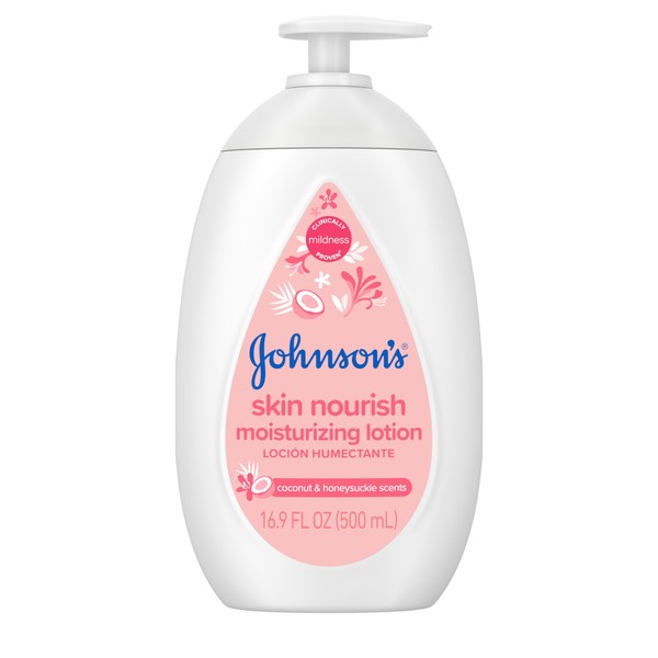Johnson's Skin Nourish Moisturizing Baby Lotion for Dry Skin with Coconut & Honeysuckle Scents, Gentle, Lightweight Body Lotion for Babies, Kids & Adults, Hypoallergenic, 16.9 fl. oz