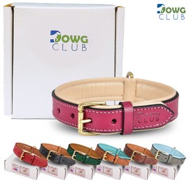 DowgClub | Genuine Leather Dog Collar | Full Grain, Heavy Duty | Comfortable, Strong | Best for Pups, Small, Medium & Large Breeds | Brown, Pink, Black, Tan