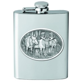 Heritage Pewter Moose Flask | 8 Ounce Liquor Flask Container - Stainless Steel | Intricately Crafted Metal Pewter Moose Inlay