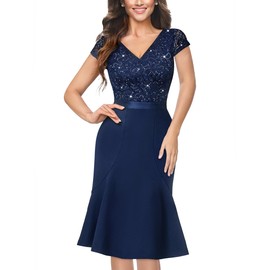 Miusol Women's Elegant V Neck Sequin Glitter Lace Ruffle Style Cocktail Prom Dress (X-Large, A-Navy Blue)