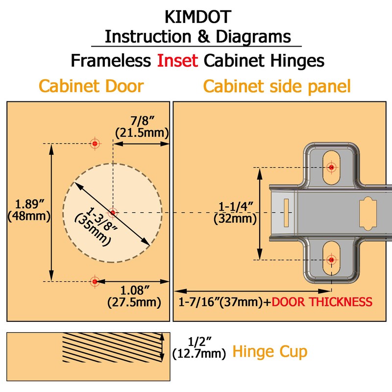 KIMDOT Snap Closing Inset Hinges Frameless Soft Close Cabinet Hardware