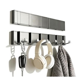 Drovalles Coat Rack Wall Mounted, 5 Retractable Pegs, Heavy Duty, Stainless Steel, Metal Coat Hook Rail for Coat Hat Towel Purse Robes