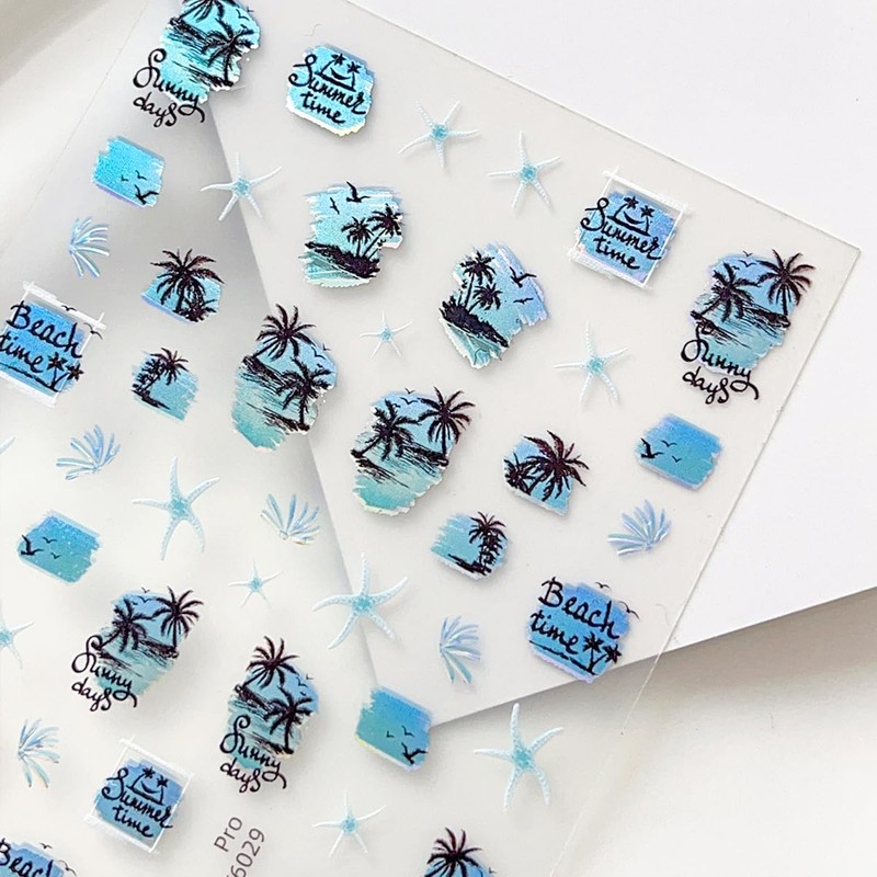 2 Sheets Summer Nail Art Stickers 5D Embossed Palm Nail