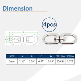 Swivel Eye Hook Double Ended 316 Stainless Steel Marine Eye to Eye Swivel Ring Connector Anchor Swivel Eye - Eye Connector Loop Dia 5mm 4/21inch 220lbs 4pcs