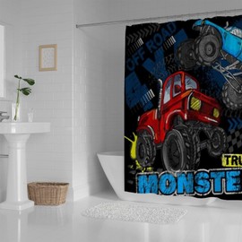 Kuizee Bathroom Shower Curtain 66 x 72 Inch with 12 Hooks Blue Monster Truck Boy Bathtubs Polyester Waterproof Shower Curtains Set Fabric Decor Easy Install