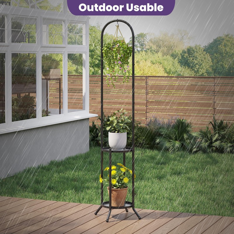 Wieghda 2-Tier Metal Plant Stand with Hanging Hook, Indoor Outdoor
