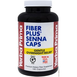 Yerba Prima Fiber Plus Senna Capsules, 180 Count - Gentle Overnight Relief, USA Made, Non-GMO, Gluten-Free