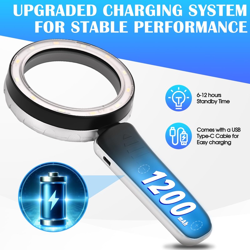 45X Magnifying Glass with Light, 4.6-Inch 1200mAh USB Rechargeable, 6