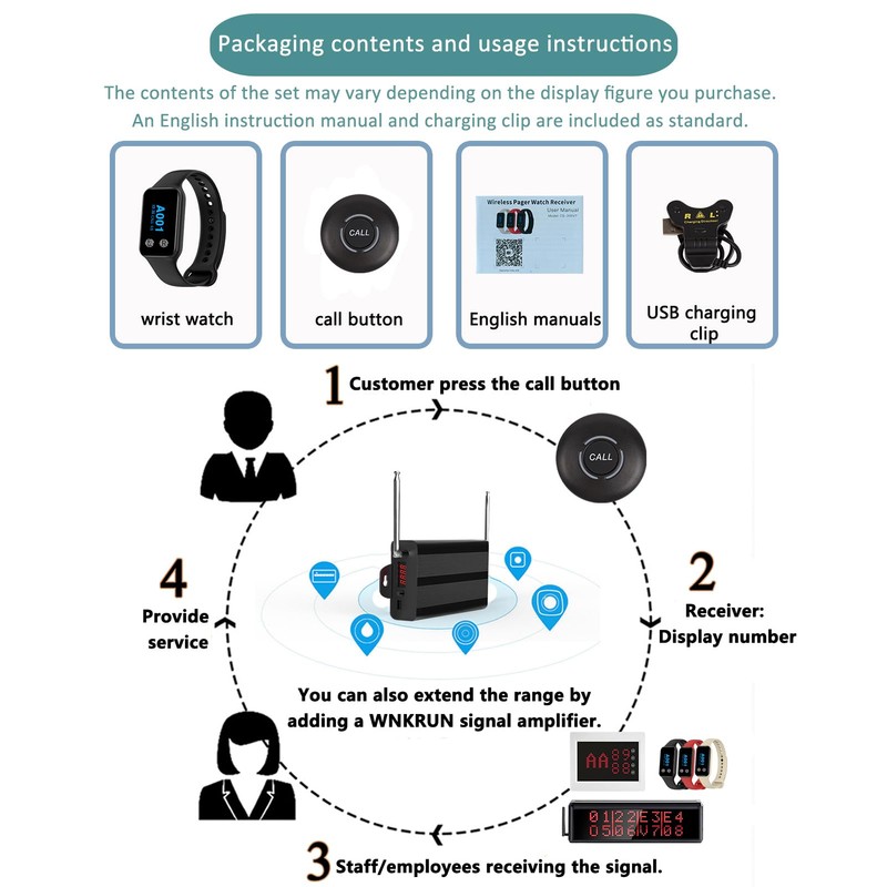 WNKRUN Wireless Restaurant Pager System with 1 Waterproof Watch Pager