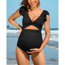 Charmo V Neck Maternity Bathing Suits Ruffle Pregnancy Swimsuit Ribbed One Piece High Cut Swimwear L Black