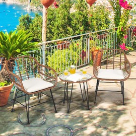 Happygrill 3 Pieces Patio Bistro Set PE Rattan Wicker Armchairs and Coffee Table Set with Cushions for Garden Backyard Balcony Poolside