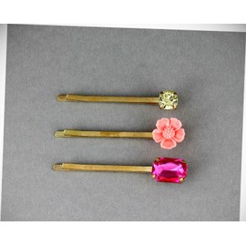 Perfect Hairstyle with Our Hair Accessories - Pink Flower Crystal Gold 3 Bobby Bobbi Hair Pins Barrette Set Fuchsia Fashionable Hair Accessory Hair Jewelry Accessories for Lady Women