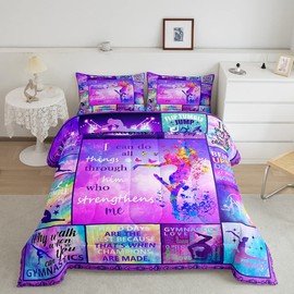 Gymnastics Girl Comforter Set Queen Size,Rainbow Color Pastel Dancer Bedding Set for Kids Women,Watercolor Butterflies Quilt Set,Gymnastic Gift Duvet Insert with 2 Pillowcases Bedroom Decor
