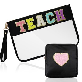 SUILU 2 Pcs Teacher Gifts Cosmetic Makeup Bag with Chenille Letter Patch,with Handles PVC Waterproof Clear Makeup Bag,Portable Toiletry Storage Bag