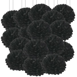 20pcs Tissue Paper Pom Poms - Black - 6 Inch - Tissue Paper Pompoms for Engagement, Wedding, Birthday Party Deco