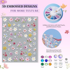 EARLMONI 5 Sheets Nail Art Stickers, 5D Butterfly Nail Decals Flower Nail Stickers for Nail Art, Nail Stickers & Decals with Bursh, Pick Up Tweezers, 1200Pcs Nail Rhinestones