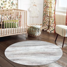 KOZYFLY Modern Abstract Round Area Rug 3Ft, Washable Kitchen Rug Non-Slip Soft Small Bathroom Circle Rug, Beige Striped Entryway Rugs Print Faux Wool Doormat for Bedside Entrance Bedroom Sink