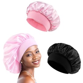 2 Stücke Schlafhaube Seide zum Nacht Haarhaube für die Nacht für Damen,Verstellbare Satin Haarhaube mit Elastik band(Schwarzer& Rosa)