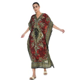 spurbayfashions Women's Kaftan - Gamla Print Tunic Kimono Long Maxi Dress for Loungewear, Holidays, Nightwear, Beach, and Everyday Cover Up Red
