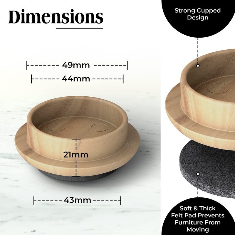 Medipaq Felt Castor Cups – 8x Small 44mm Light Wood