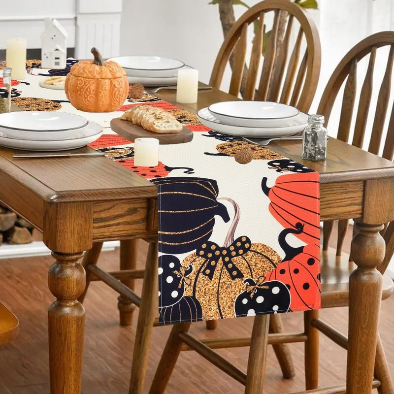 Aitsite Autumn Table Runner, Black Gold Table Runner, Pumpkin Autumn