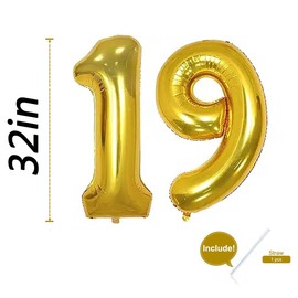 Gold Foil Mylar 32 Inch Number 19 Balloons for Boy Girl 19th Birthday Party Decorations Nineteen Years Old Anniversary Party Supplies