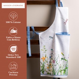 Maison d' Hermine Apron 100% Cotton 1 Piece Adjustable Neck Strap Easter Apron with Center Pocket & Long Ties for BBQ, Women, Men, Chef & Wedding, Fleurs De Mai - Spring/Summer (70 cm x 85 cm)