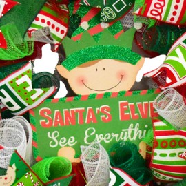 Christmas Deco Mesh Wreath – Santa’s Elf Front Door Decoration with Red, Green & White Holiday Ribbons, 24 Inch Handmade