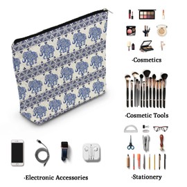 YULUENZE Blue Elephant Present Ethnic Pattern Elephant Canvas Makeup Bag Cute Small Organizer Bag with Zipper Elephants Toiletry Cosmetic Bag Birthday Presents for Elephant Lovers Women Friends
