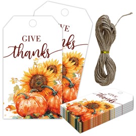 Fall Gift Tags with String, Happy Thanksgiving Sunflower & Pumpkin Gift Tags, 2 x 3.5 Inch Writable Hanging Labels, Decor for Celebrating Holiday, Birthday, Wedding, Autumn Harvest Party(50Pcs)-B03