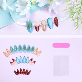 24 Pcs French Tip Press on Nails with Charms Medium Length Fake Nails Acrylic Nails Press ons Almond Shape False Nails with 3D Designs Glossy Full Cover Glue on Nails Stick on Nails for Women