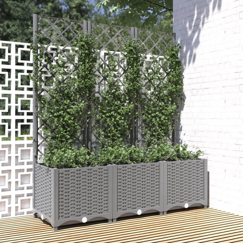 vidaXL Garden Planter with Trellis - Light Gray, Polypropylene -