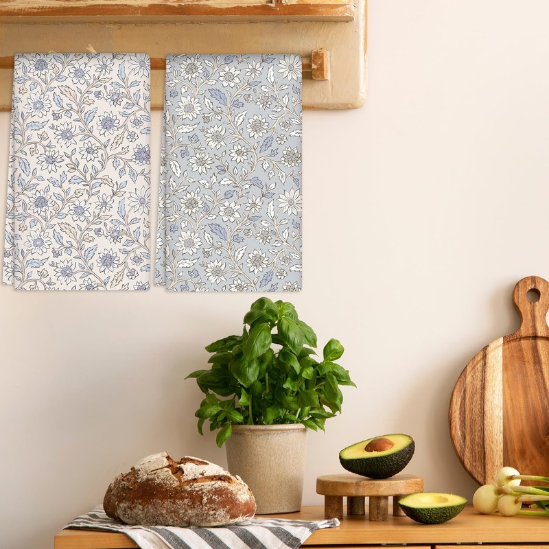 6 Pack Floral Kitchen Towels Blue Dish Cloth Quick Dry