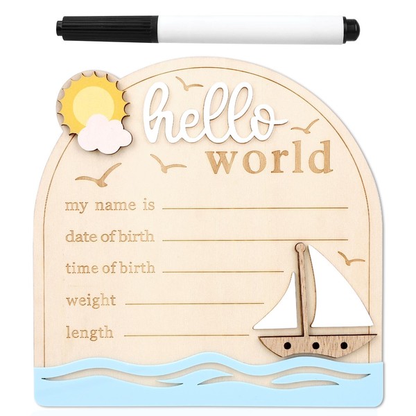 Baby Announcement Sign, Sailing Wooden Hello World Newborn Signs with