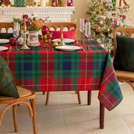 Romanstile Christmas Rectangle Green Plaid Tablecloth - 60 x 84 Inch - Checkered Water Stain Resistant Table Cover, Washable Polyester Table Cloth for Xmas Dinner/Party Decoration/Holiday