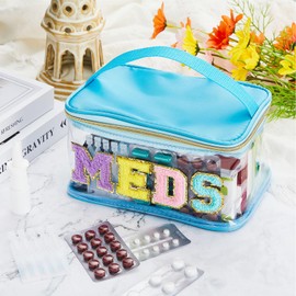 Neceser de Letra de Chenilla Bolsa de Maquillaje de Nailon Portátil Bolsa de Cosméticos de Parche Preppy con Cremallera Cosmetiquera de Almacenamiento de Artículos de Aseo (Azul, Vívido MEDS)